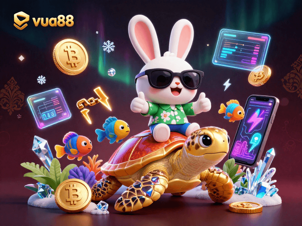 Play exciting games at vua88 with a lucky rabbit and golden turtle amidst vibrant underwater elements.