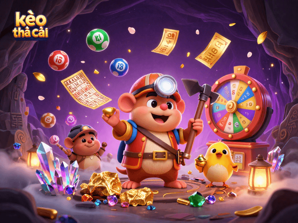 Engage in kèo nhà cái with vibrant lottery and gaming adventure featuring a treasure hunter mole.