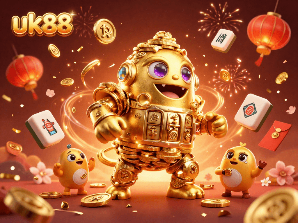 Experience the excitement of uk88 with this vibrant 3D casino illustration featuring a golden golem and colorful game elements.
