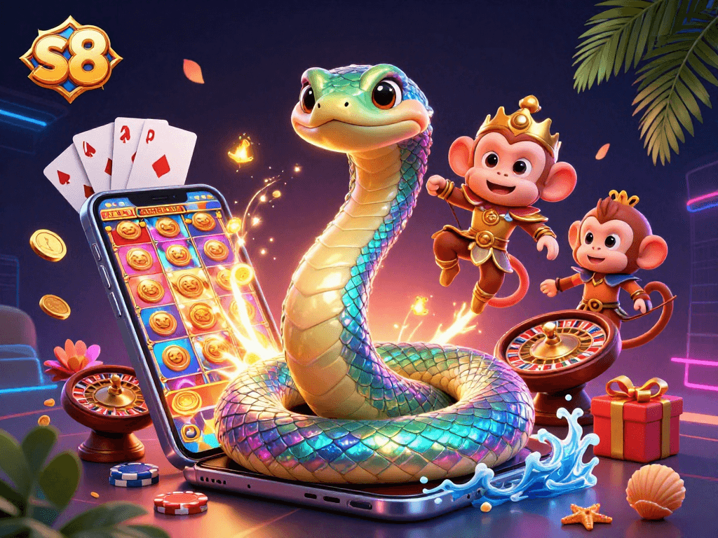 Experience the vibrant gaming world with s8, featuring the rainbow serpent and playful monkey king.