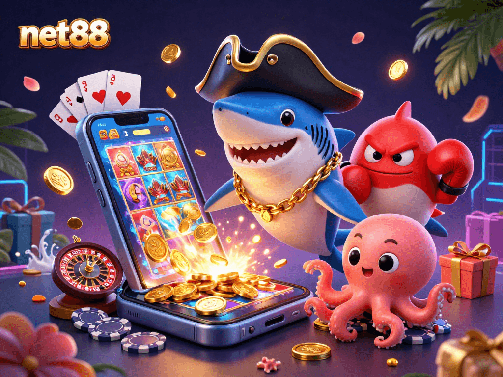 Engage with net88's vibrant casino scene featuring a pirate shark, pufferfish, and octopus amid exciting game elements.
