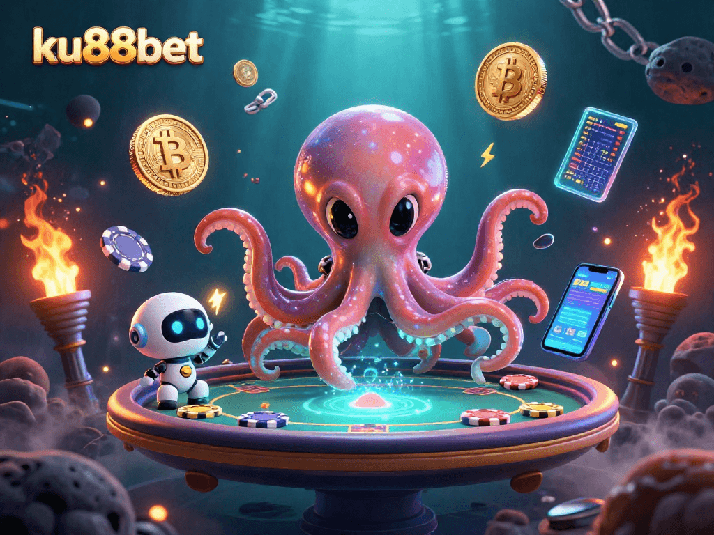 ku88bet alien octopus at holographic poker table surrounded by crypto coins