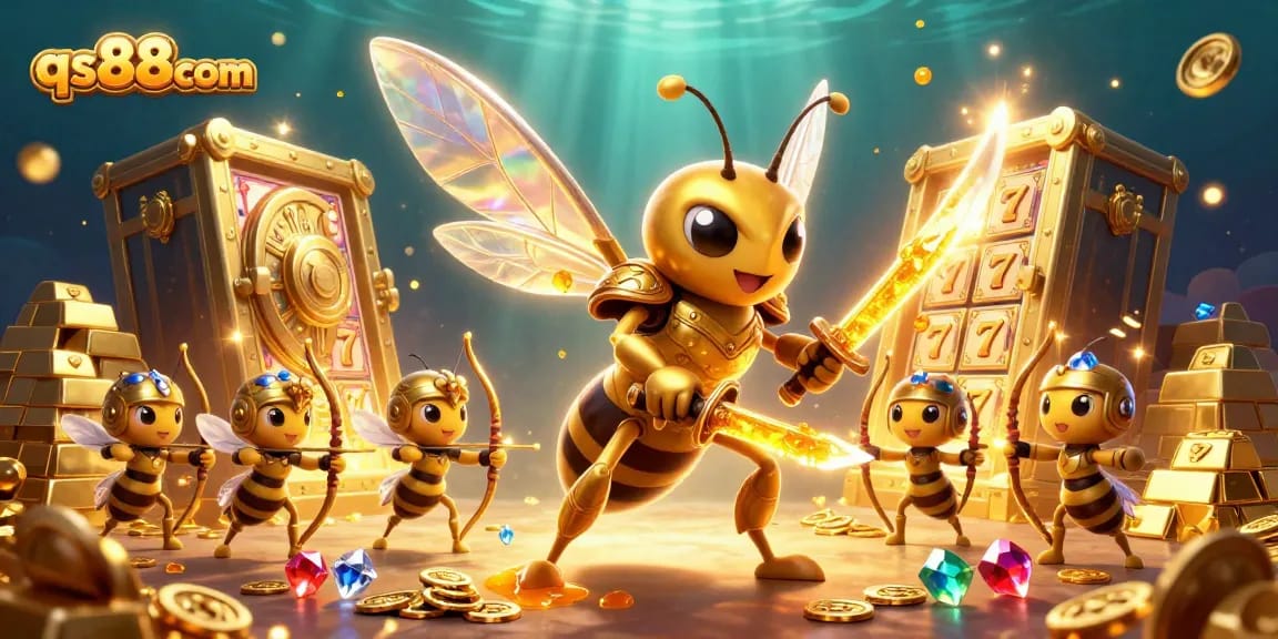 Engage in thrilling bets at qs88com with vibrant slot machines and golden treasures lighting up the scene.