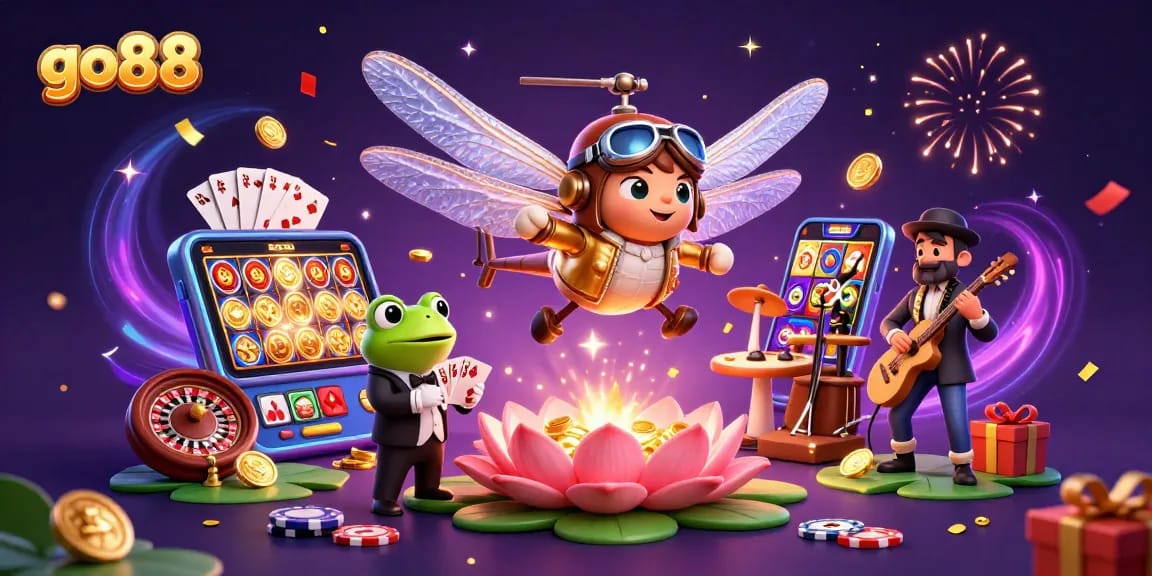 go88 sparks excitement with a dragonfly pilot and frog dealer in a vibrant casino scene