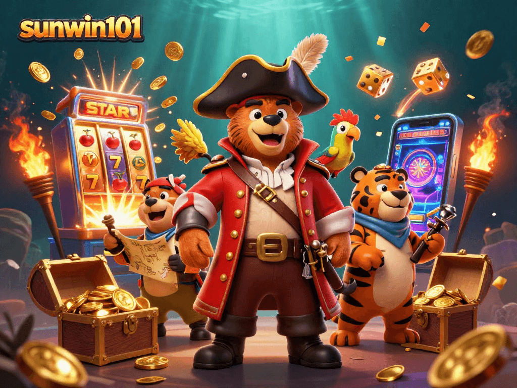 Experience thrilling jackpots with sunwin101 in this vibrant pirate-themed casino illustration.