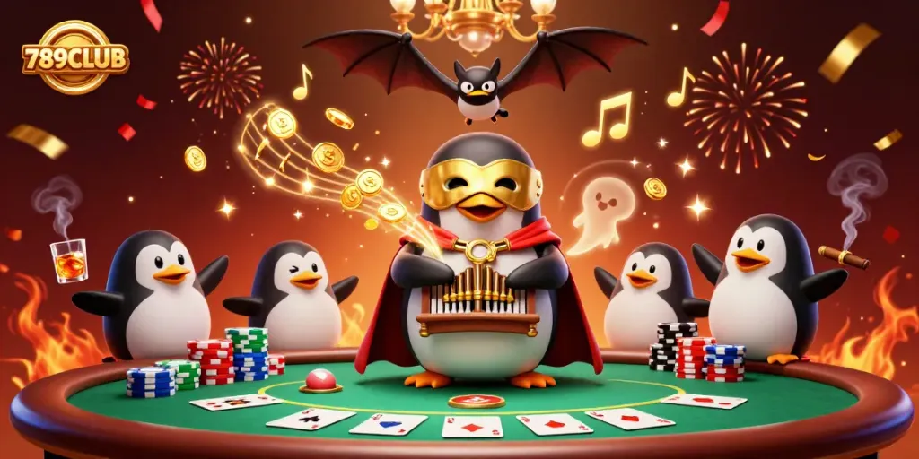 Experience the thrill of 789CLUB with a 3D penguin organist surrounded by vibrant casino elements.