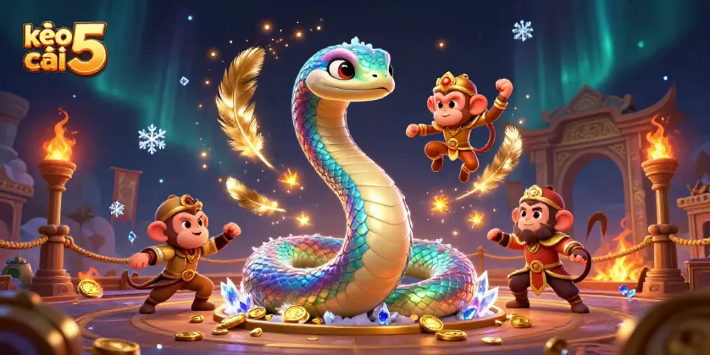 Bet on kèo nhà cái 5 as a colorful rainbow serpent enchants with a playful golden armor monkey king.