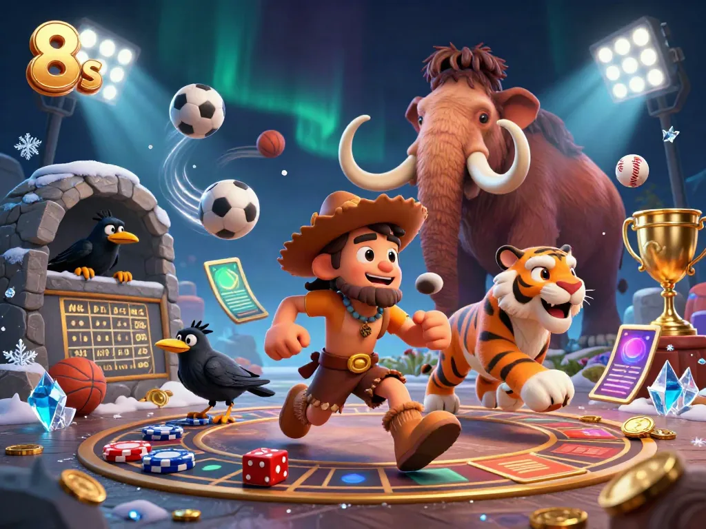 Bet on 8s with a lively illustration of caveman-themed casino fun.