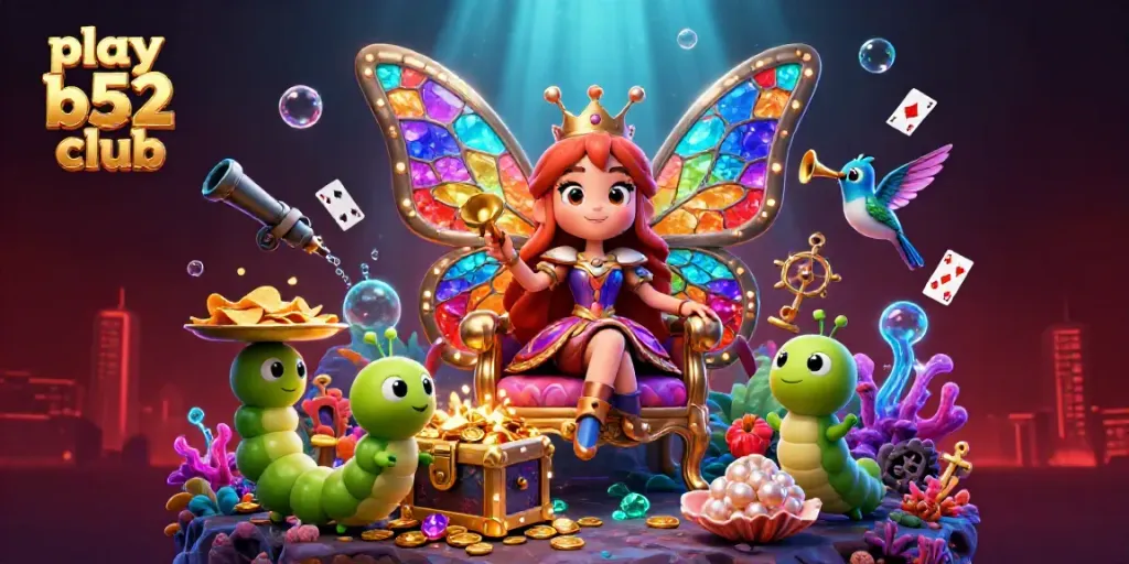 Playing play b52 club with a butterfly queen and colorful casino treasures in a vibrant underwater scene.