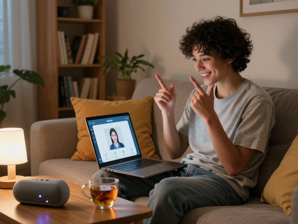 Engaging in ai sex chat in a cozy home setting, showcasing modern digital relationship.