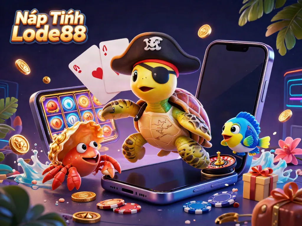 Experience the thrill of Nạp Tiền Lode88 with pirate-themed illustrations and vibrant casino elements.