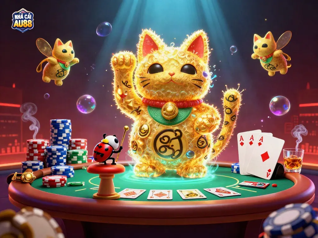 Experience thrilling moments at NHÀ CÁI AU88 with a vibrant casino scene featuring poker and game symbols.