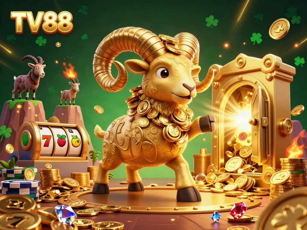Experience the thrill of TV 88 with a golden ram charging through a treasure-filled casino scene.