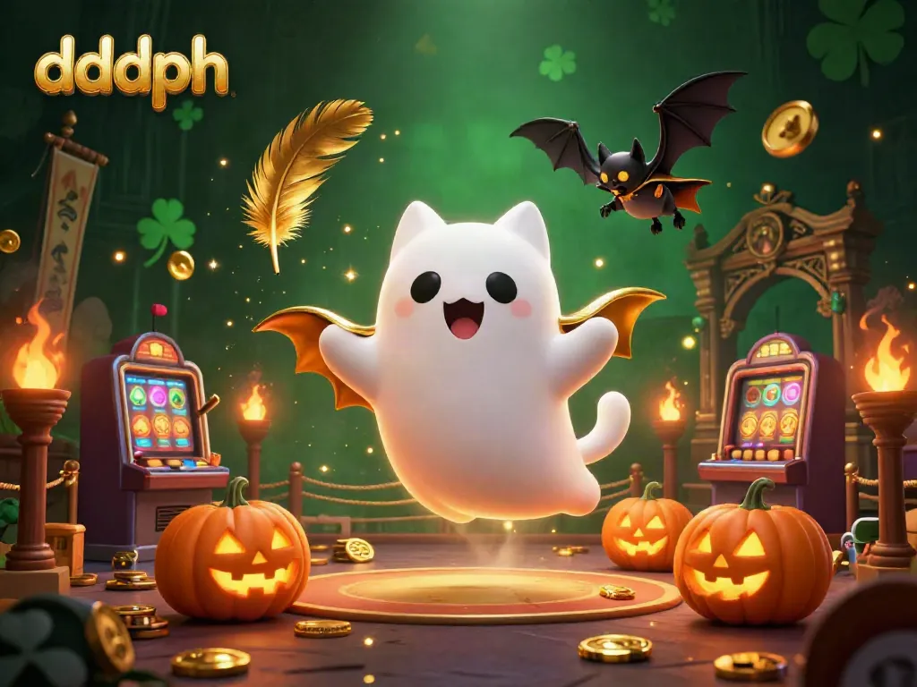 Engage with dddph’s thrilling haunted casino world, featuring a friendly ghost cat and vampire bat.