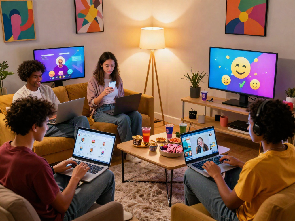 Diverse individuals enjoying sex chat in a cozy virtual chat room setting, engaging in flirty conversations.
