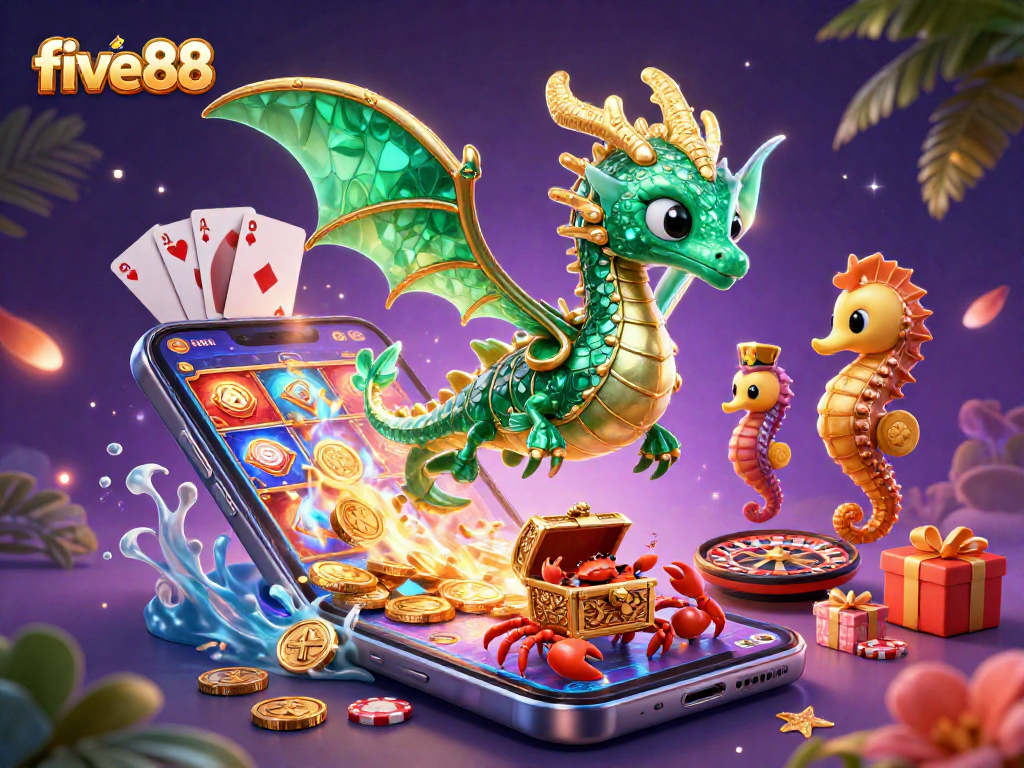 Experience the thrill of five88 with a captivating 3D slot game scene featuring a dragon and treasure.