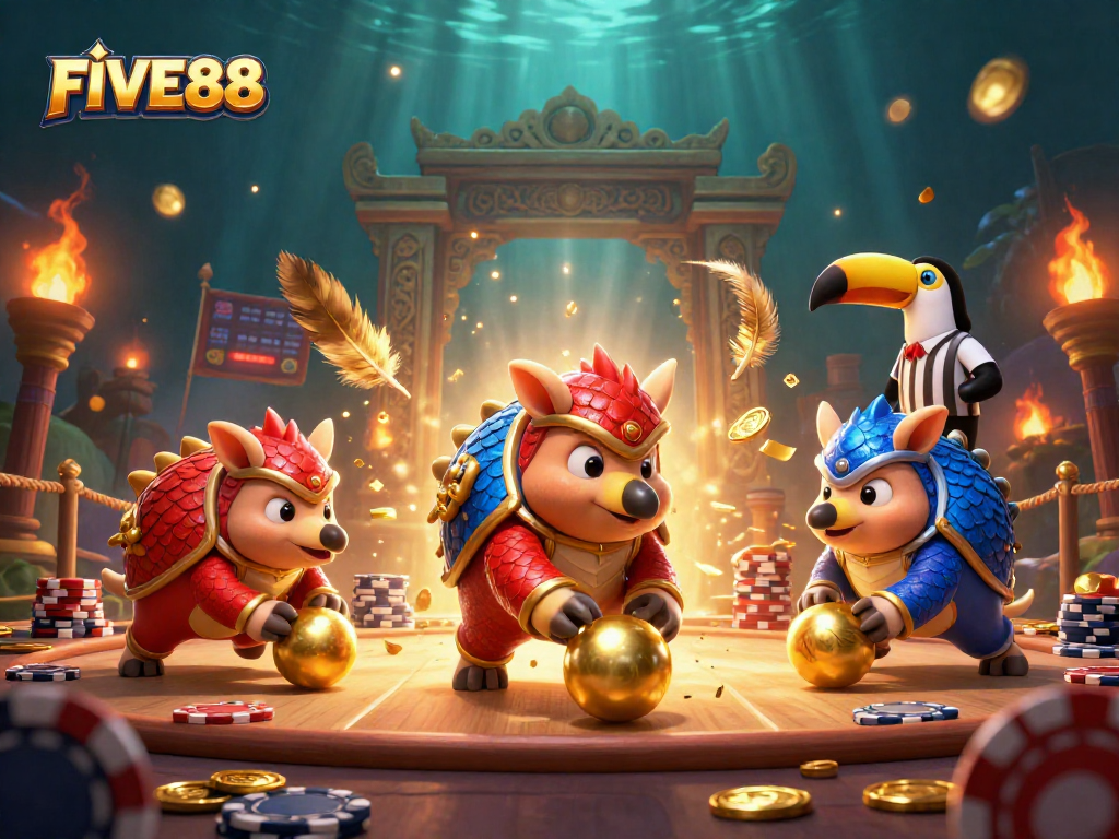 Experience casino action with FIVE88 as rival pangolins roll through poker chips and golden tokens.