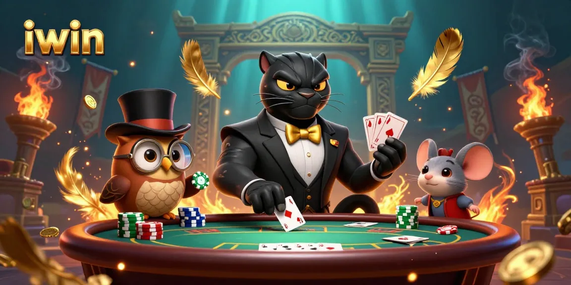 The iwin casino illustration features a black panther dealer showcasing poker cards, surrounded by an owl and mouse in a vibrant setting.