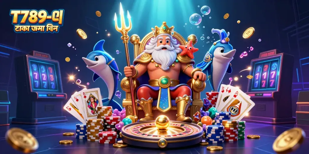 T789-এ টাকা জমা দিন showcases a 3D cartoon sea king flanked by samurai and starfish, amid golden treasures and gaming elements.