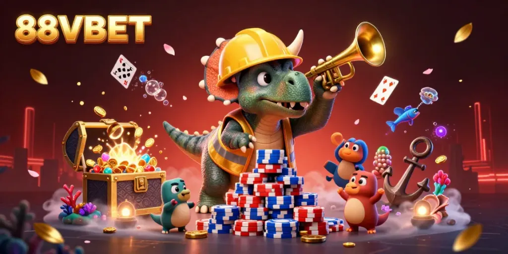 Celebrate with 88VBET as triceratops builds poker chip pyramid amid vibrant casino elements.