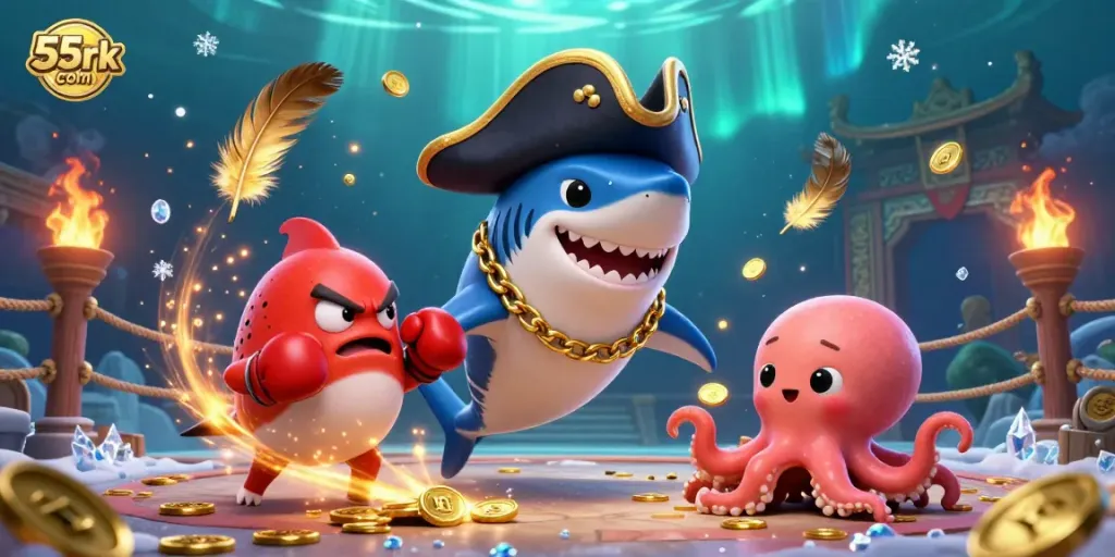 Experience dynamic gaming action with 55rk com featuring playful characters in a rich casino environment.
