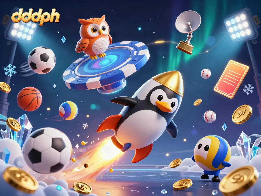Experience dddph with a vibrant casino-themed scene featuring a golden penguin and dynamic sports elements.