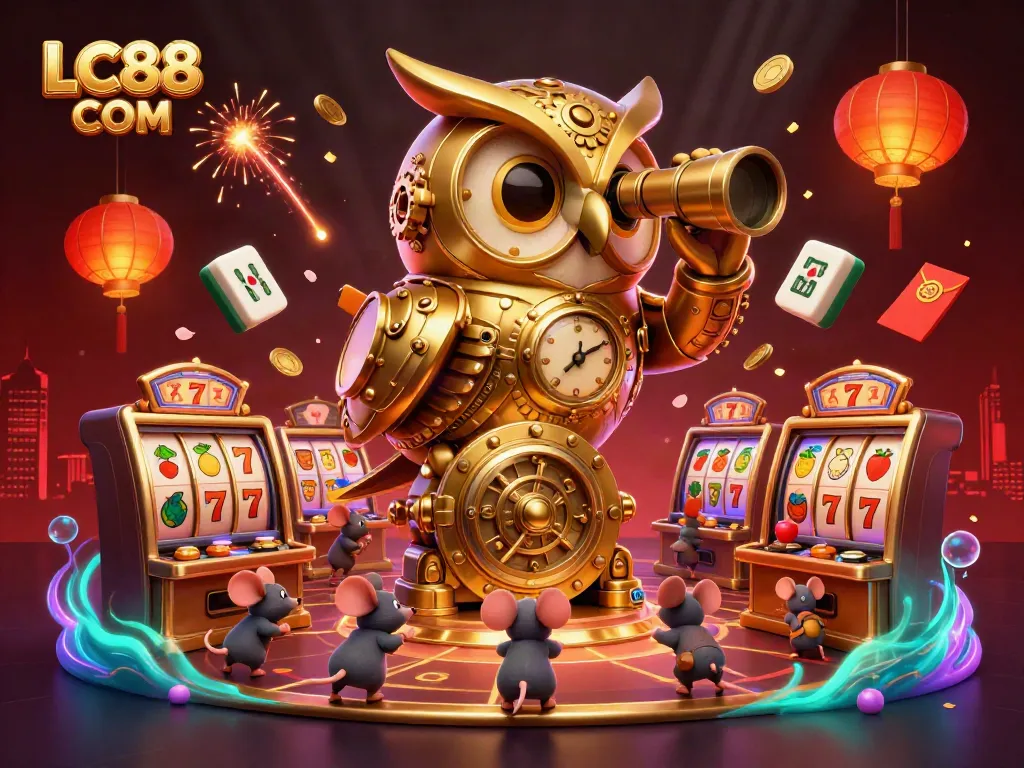 Engage with the dynamic LC88 COM carnival, featuring a whimsical owl and vibrant casino elements.