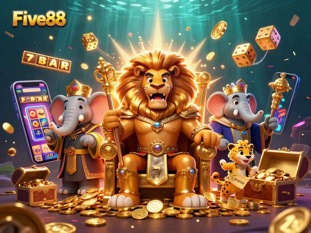 Experience the thrill of Five88 as the lion king reigns over a vibrant casino scene filled with excitement.