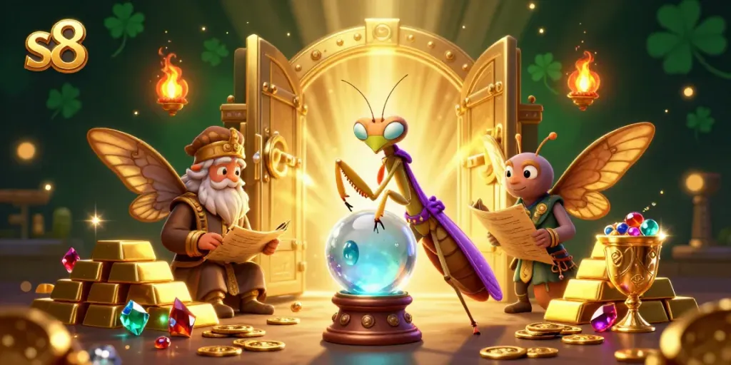 Engage in thrilling wins at s8's casino, featuring dynamic characters and vibrant gold treasures.