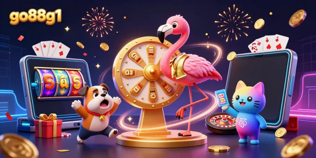 Experience exciting wins at go88g1 with colorful slot games, shown by a cartoon flamingo host.