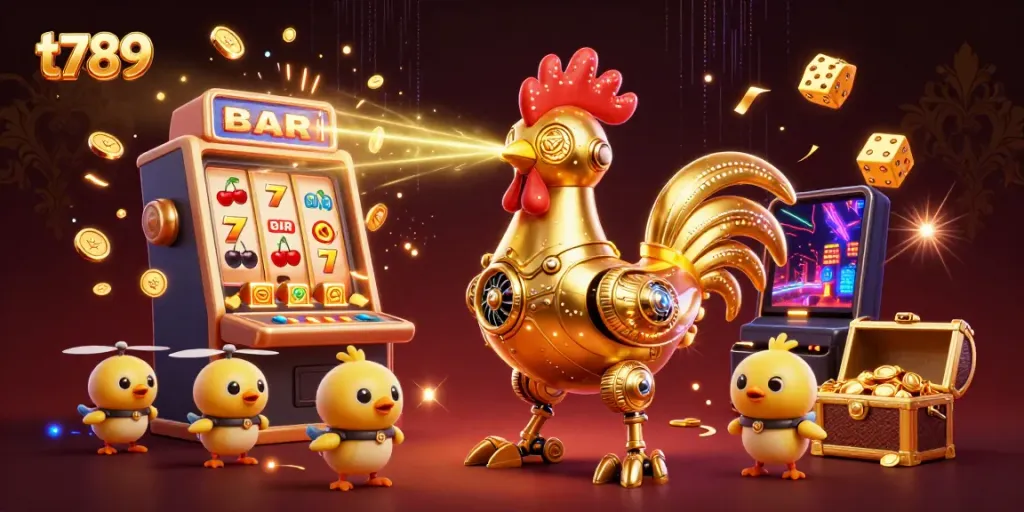 Experience thrilling casino games with the vibrant t789 golden rooster robot illustration, surrounded by jackpot action and fun.