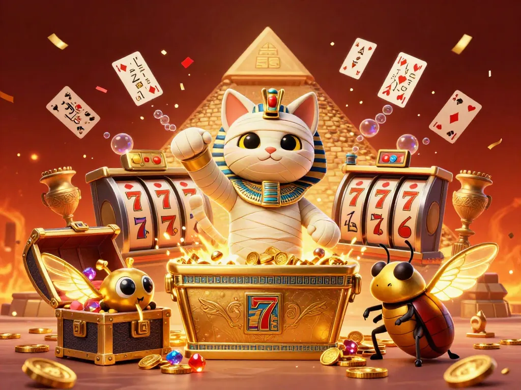 Experience thrilling action in manclub10 with an Egyptian mummy cat and dynamic gaming elements bursting forth.
