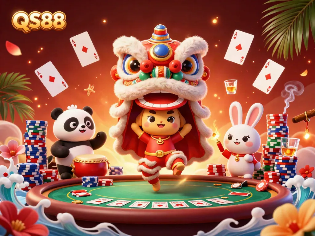 Engage with QS88 in a vibrant casino scene featuring animated characters and poker elements for an exciting gaming experience.