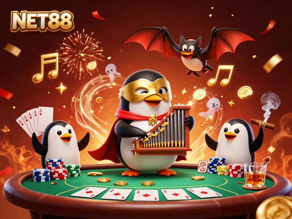 Win big with NET88 at this vibrant, animated casino scene featuring playful characters and iconic poker elements.