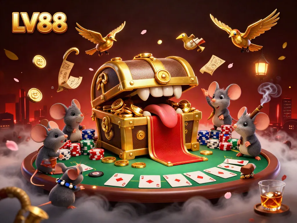 Engage with LV88 in a vibrant gaming scene featuring poker, golden treasures, and dynamic action.