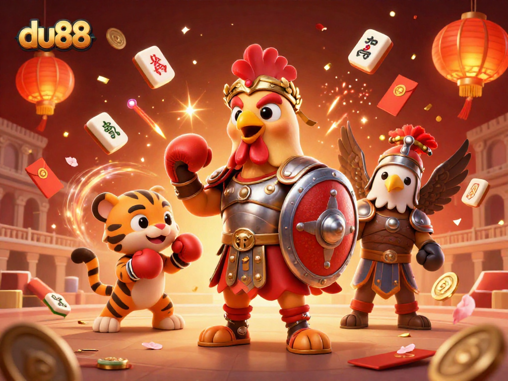 Engage with du88’s exciting 3D illustration featuring a rooster and tiger cub in a vibrant casino scene.
