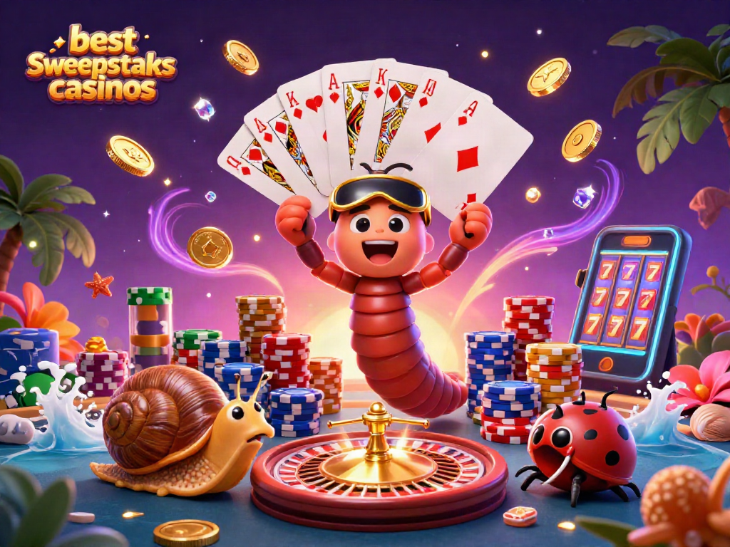Engage with the best sweepstakes casinos through an exciting 3D casino scene filled with vibrant characters and game elements.