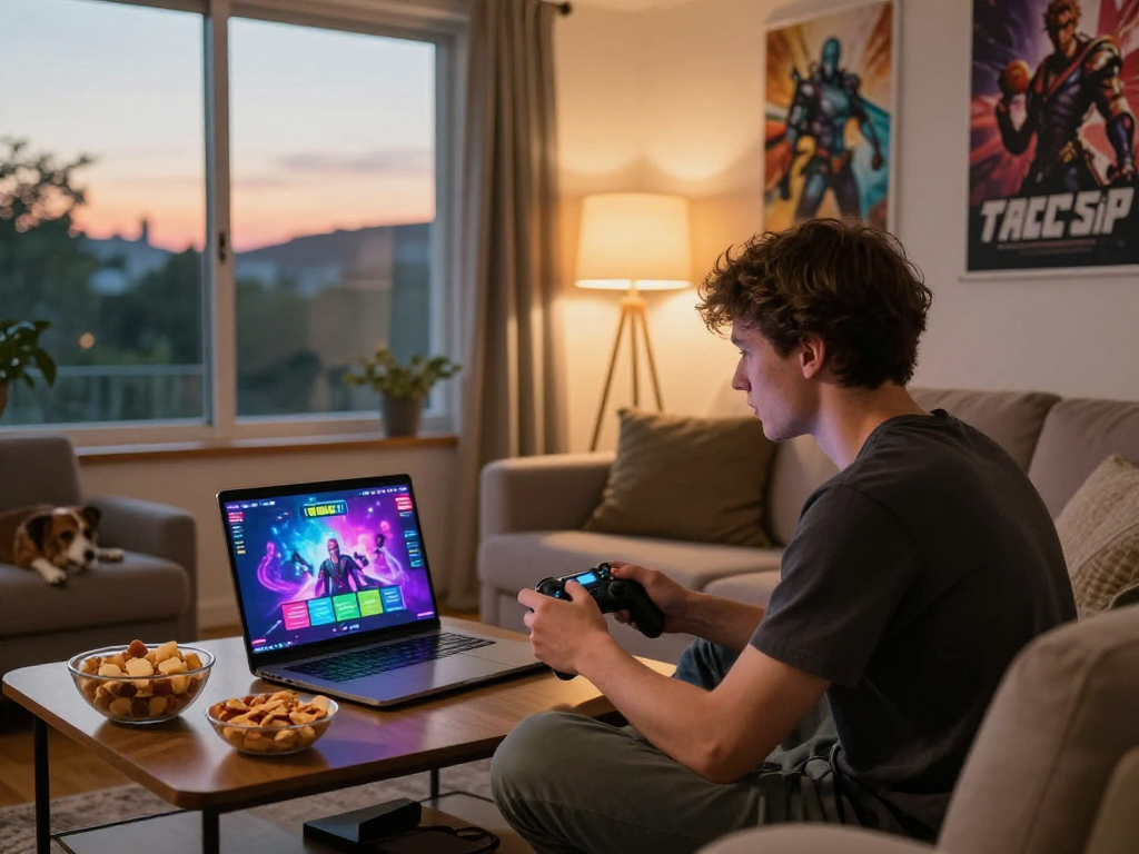 Engaging young adult enjoying online porn games on a cozy sofa with vibrant gaming setup.