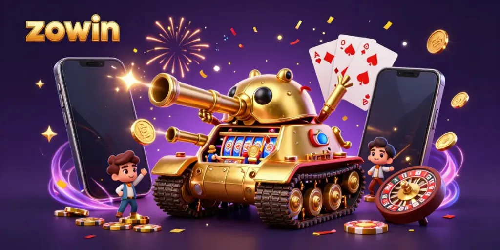 Zowin's engaging gaming world features a whimsical beetle tank with a casino inside and energetic gaming elements.