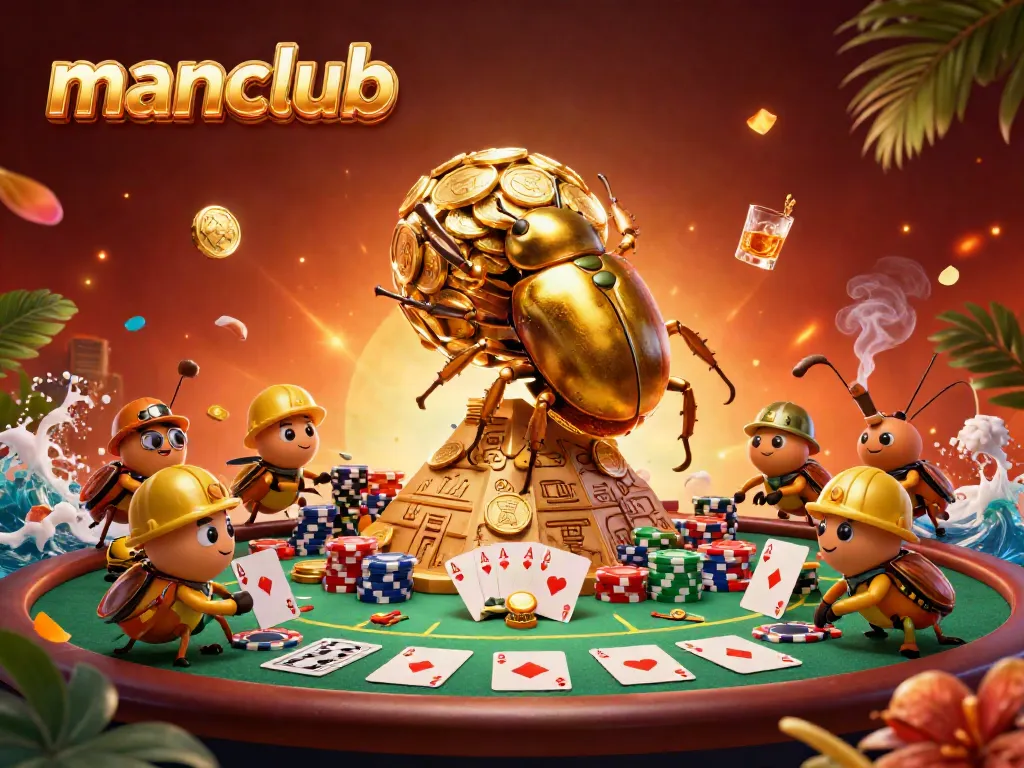Join the excitement at Manclub with beetles rolling golden coins in a lively casino scene.