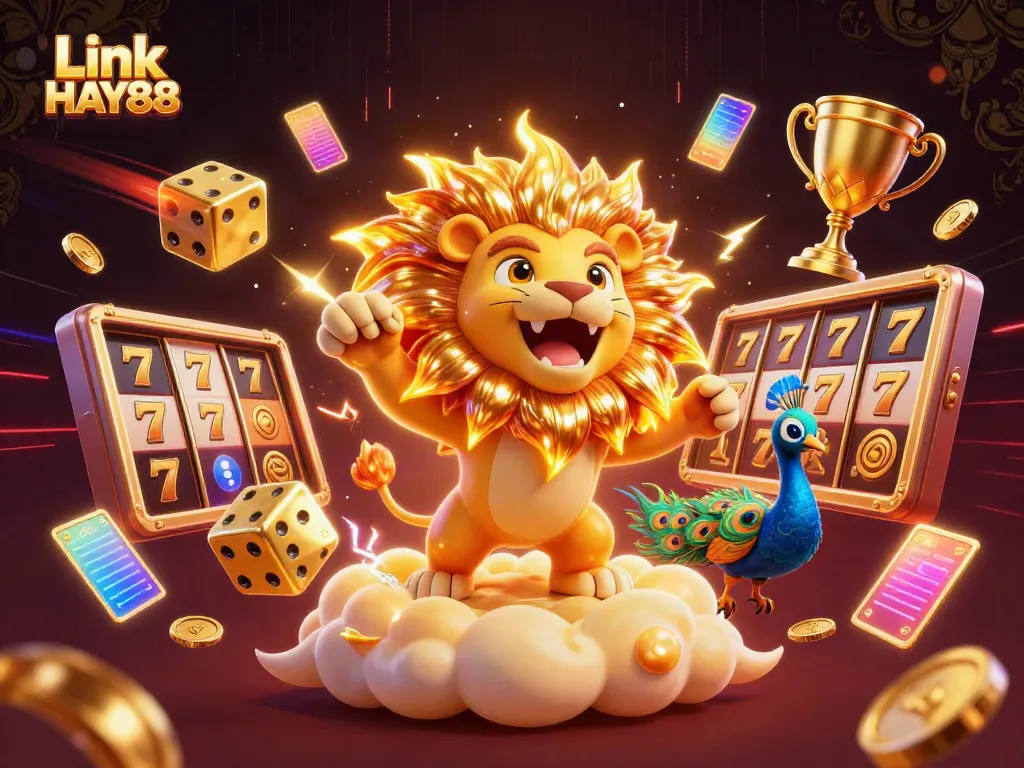Experience the excitement of Link HAY88 with a vibrant 3D casino illustration featuring a roaring lion and dynamic slots.