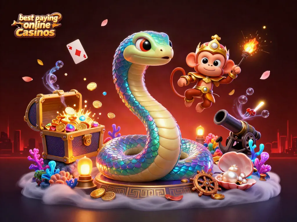 Explore the vibrant scene of best paying online casinos with a majestic rainbow serpent and monkey king amid dynamic gaming elements.