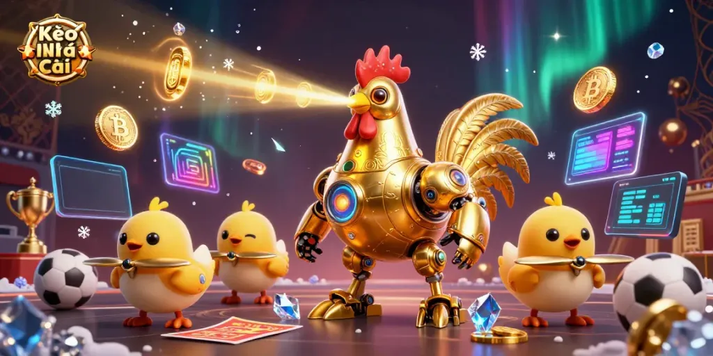 Kèo Nhà Cái sports betting scene with a golden rooster robot and baby chick drones showcasing vibrant action.