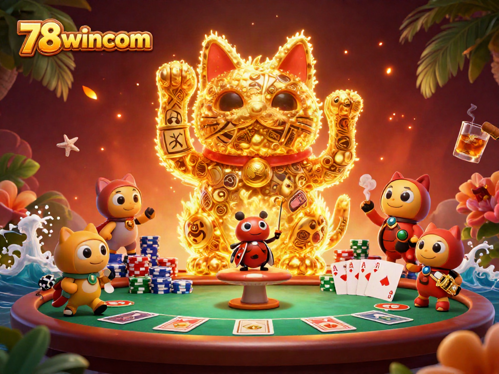 Engage with your luck through 78wincom's vibrant casino scene featuring a whimsical lucky cat.