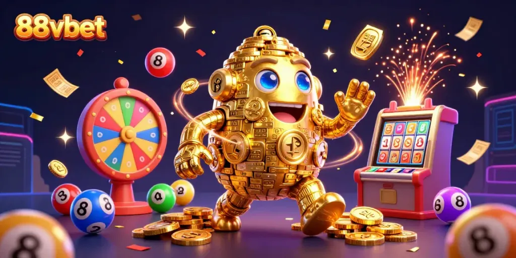 Engage in thrilling gameplay at 88vbet with vibrant visuals of golden golem and prizes.