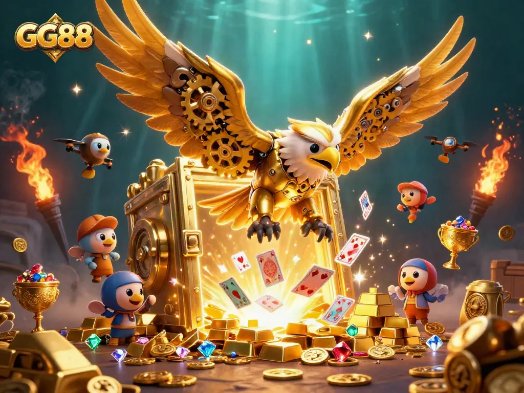 Experience the excitement of GG88 with a dynamic scene of a cybernetic eagle and treasures.