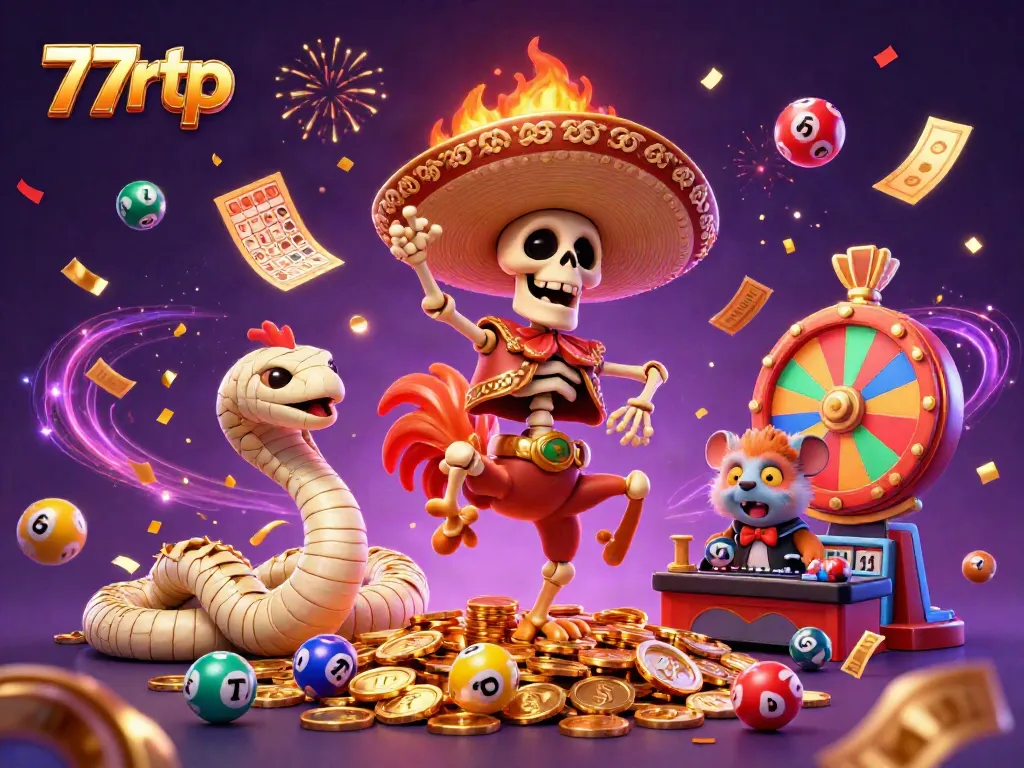 Join the fun at 77rtp with a vibrant party scene featuring a dancing skeleton mariachi rooster and a DJ hamster.