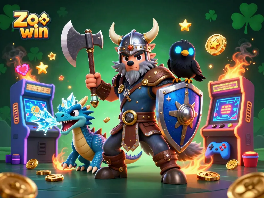 Win big with Zo win, featuring a Viking wolf warrior and dragon in an animated casino scene full of gaming elements.