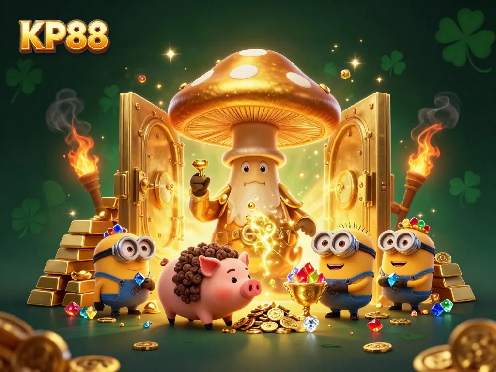 Experience the thrilling magic of KP88 with a golden mushroom wizard and treasures bursting from a vault.