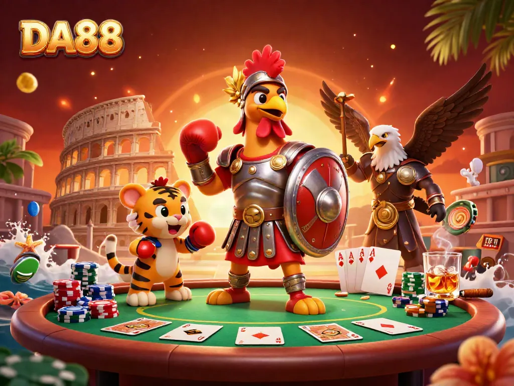 Experience thrilling action at DA88 with a vibrant scene of a gladiator rooster and poker elements in an expansive arena.